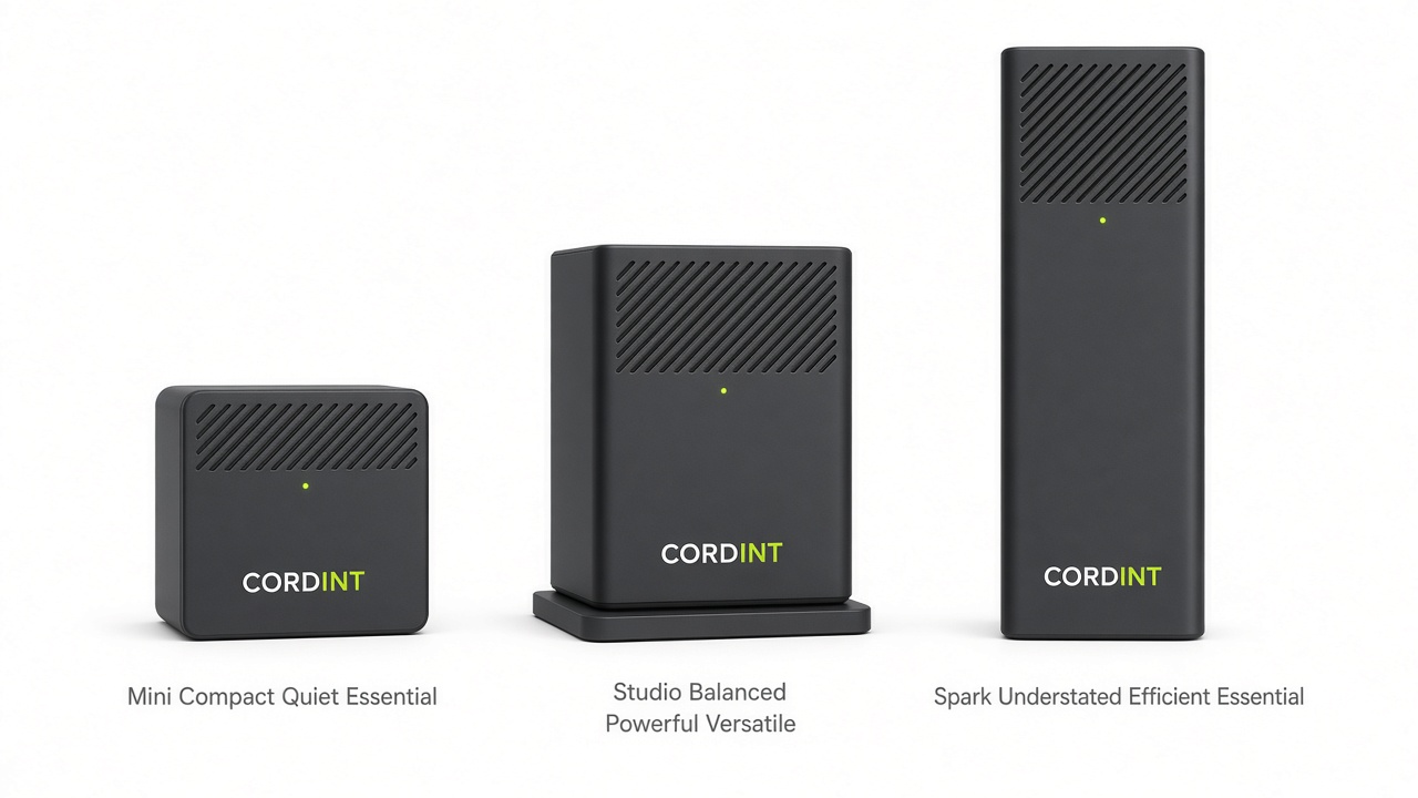 Three charcoal CORDINT Square appliance sizes on a white studio background